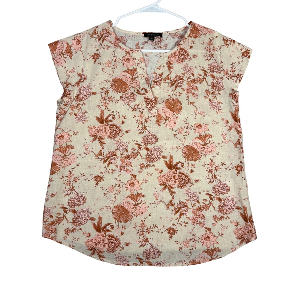 Anne Carson Floral Linen Blend Split Neck Blouse Size S Rust Terracotta Boho
